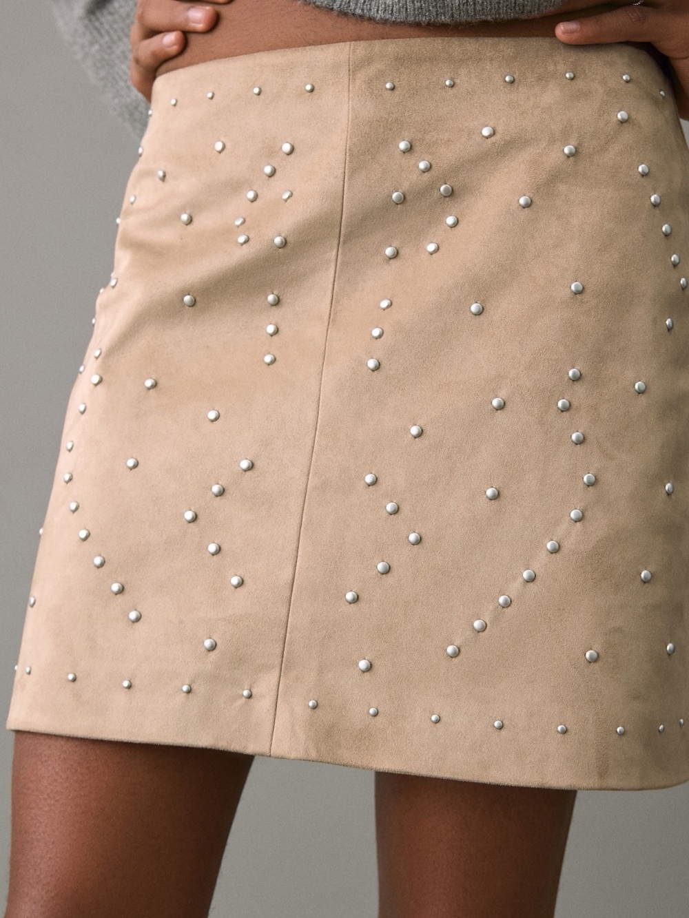 Mango Beige Pearl-Stud Suede Mini Skirt